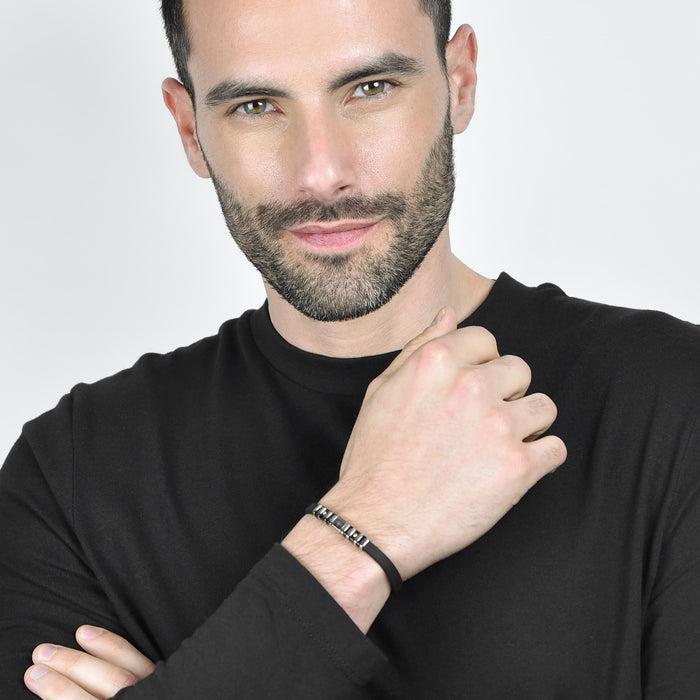 MEN'S BLACK SILICONE BRACELET WITH STEEL AND BLACK IP ELEMENTS AND WIND ROSE