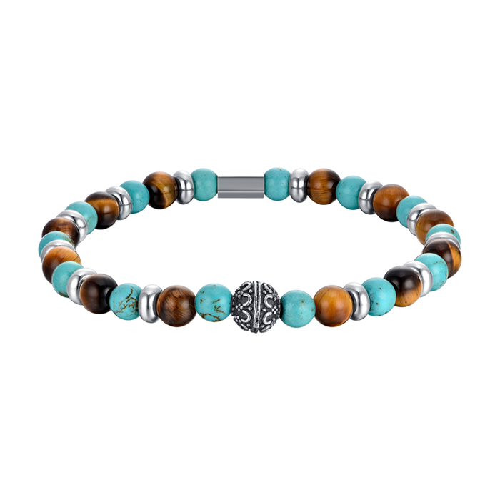 BRACELET ÉLASTIQUE POUR HOMME AVEC PIERRES TURQUOISE ET ŒIL DE TIGRE ET ÉLÉMENTS