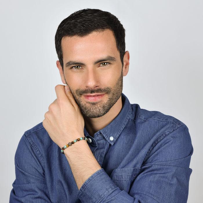 BRACELET ÉLASTIQUE POUR HOMME AVEC PIERRES TURQUOISE ET ŒIL DE TIGRE ET ÉLÉMENTS
