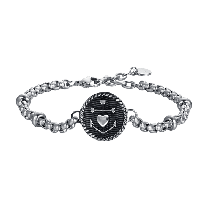 BRACELET HOMME EN ACIER AVEC PLAQUE ÉMAIL NOIR ET ANCRE AVEC CŒUR