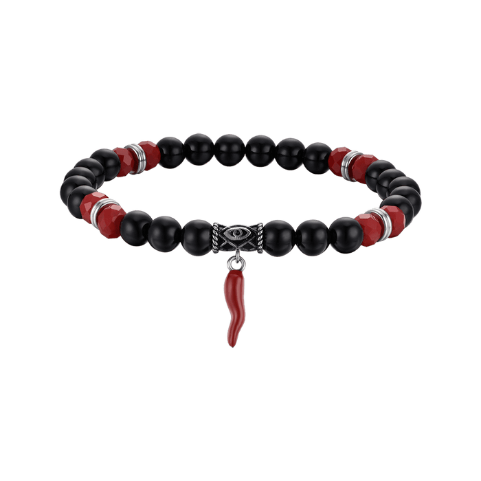 BRACELET ÉLASTIQUE POUR HOMME AVEC PIERRES NOIRES ET ROUGES ET CORNE ROUGE