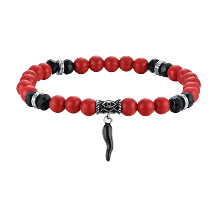 ELASTIC MEN'S BRACELET WITH RED AND BLACK STONES AND BLACK HORN