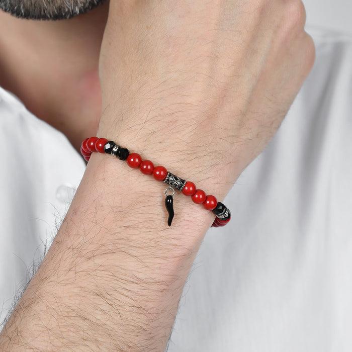 ELASTIC MEN'S BRACELET WITH RED AND BLACK STONES AND BLACK HORN