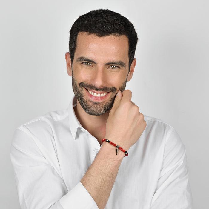 ELASTIC MEN'S BRACELET WITH RED AND BLACK STONES AND BLACK HORN