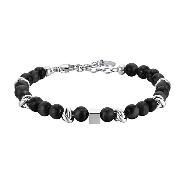 BRACELET EN ACIER POUR HOMME AVEC PIERRES NOIRES ET ÉLÉMENTS EN ACIER