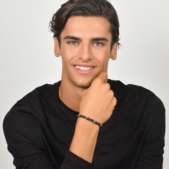 BRACELET EN ACIER POUR HOMME AVEC PIERRES NOIRES ET ÉLÉMENTS EN ACIER