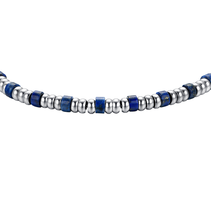 BRACELET HOMME EN ACIER AVEC ÉLÉMENTS ARGENTÉS ET PIERRES BLEUES