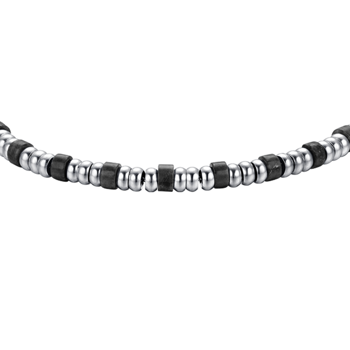 BRACELET HOMME EN ACIER AVEC ÉLÉMENTS ARGENTÉS ET PIERRES NOIRES