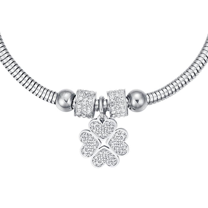 BRACCIALE DONNA IN ACCIAIO CON QUADRIFOGLIO E CRISTALLI BIANCHI