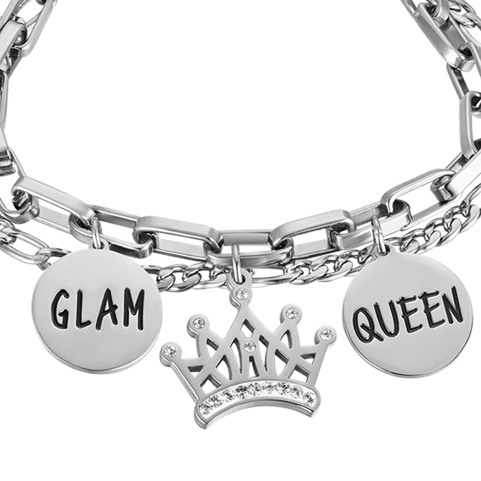 BRACCIALE DONNA IN ACCIAIO CON CORONA CON CRISTALLI BIANCHI E PIASTRE CON SMALTO
