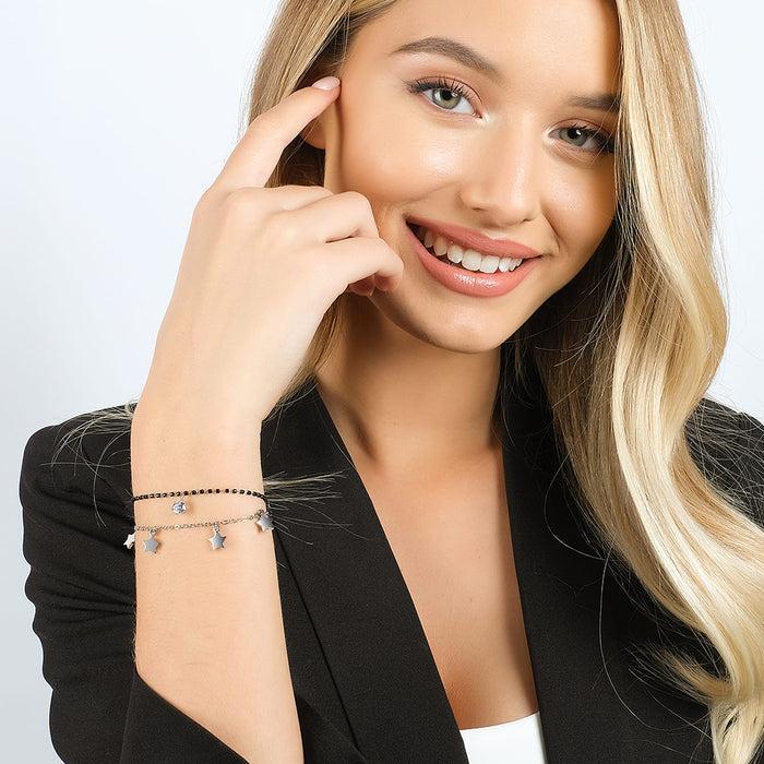 BRACCIALE DONNA IN ACCIAIO CON STELLE, ELEMENTI IP NERO E CRISTALLO BIANCO