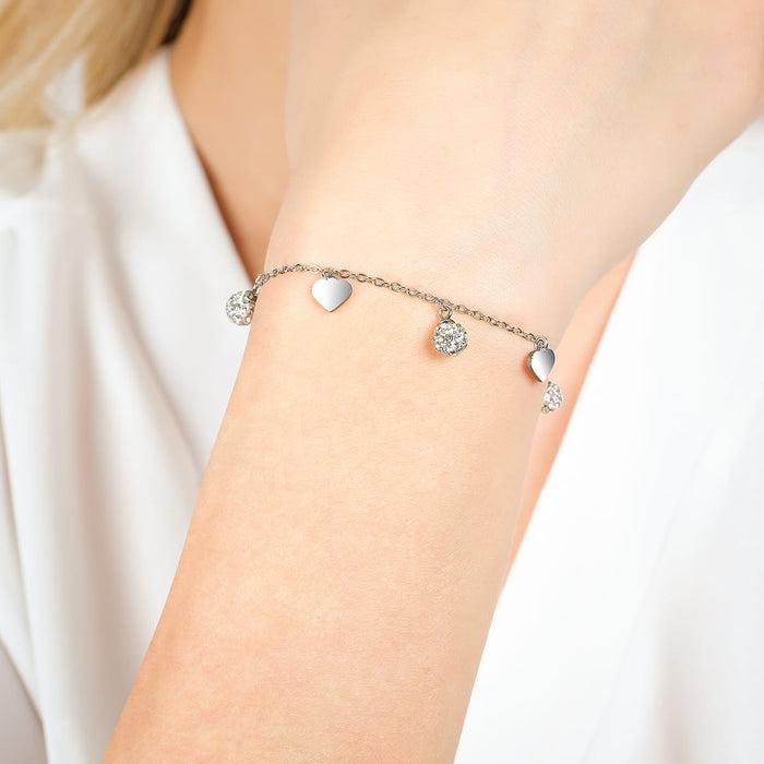 WOMEN'S STEEL BRACELET WITH HEARTS AND WHITE CRYSTALS