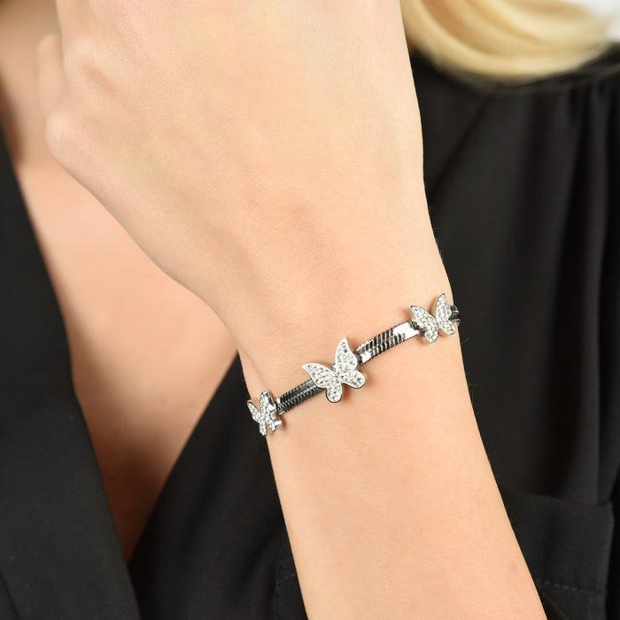 WOMEN'S SNAKE BRACELET IN STEEL WITH WHITE CRYSTAL BUTTERFLIES