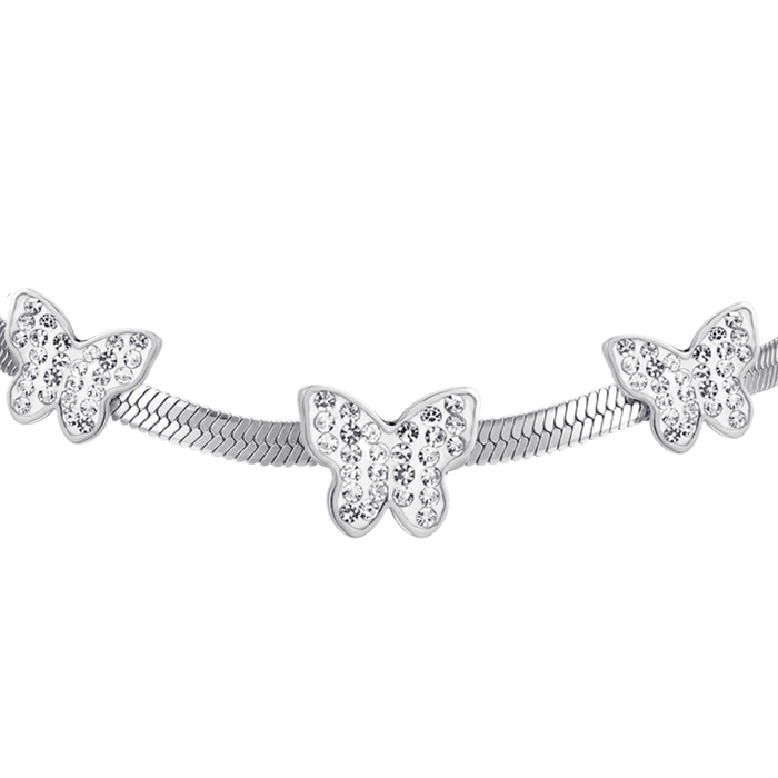 BRACELET SERPENT FEMME EN ACIER AVEC PAPILLONS EN CRISTAL BLANC