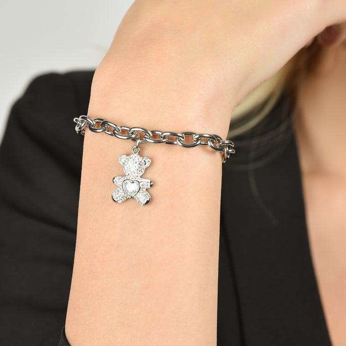 WOMEN'S STEEL BRACELET WITH TEDDY BEAR WITH WHITE CRYSTALS