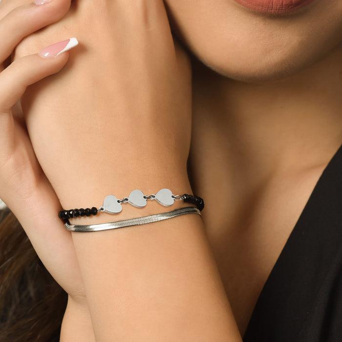 BRACELET FEMME MULTI-FILS EN ACIER AVEC CRISTAUX NOIRS ET COEURS