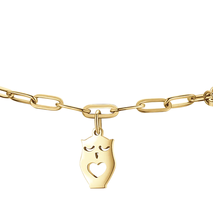BRACELET FEMME EN ACIER DORÉ AVEC LUNE, HIBOU ET ÉTOILE