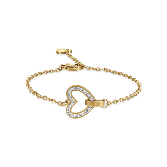 WOMEN'S BRACELET IN IP GOLD STEEL WITH HEART AND WHITE CRYSTALS AND ELEMENT