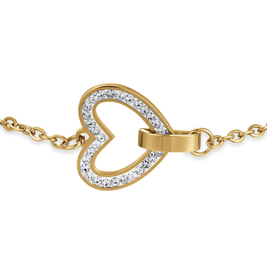WOMEN'S BRACELET IN IP GOLD STEEL WITH HEART AND WHITE CRYSTALS AND ELEMENT