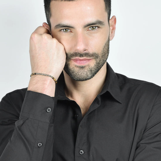 BRACELET EN ACIER POUR HOMME AVEC PIERRES ŒIL DE TIGRE ET SPHÈRES EN ACIER