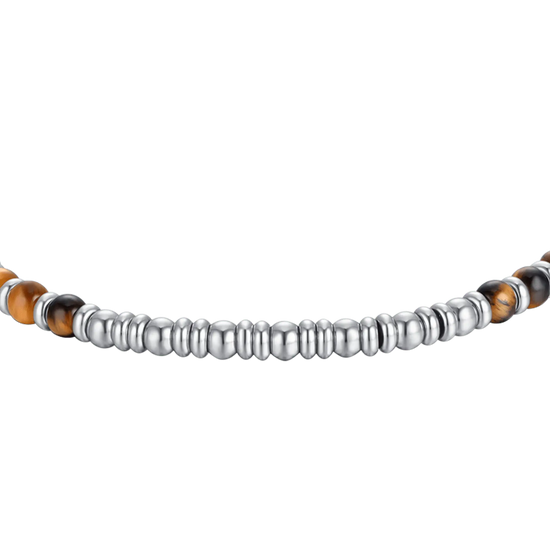 BRACELET EN ACIER POUR HOMME AVEC PIERRES ŒIL DE TIGRE ET SPHÈRES EN ACIER