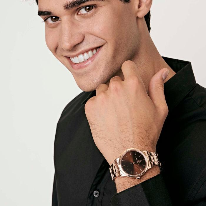 OROLOGIO IN ACCIAIO IP ROSE CON QUADRANTE MARRONE, BRACCIALE IP ROSE