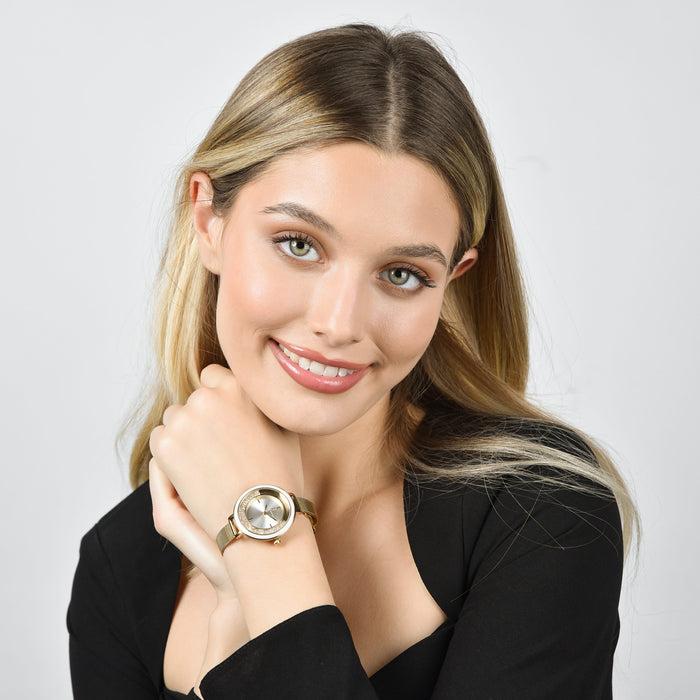 MONTRE FEMME AVEC BOÎTIER EN ACIER ET LUNETTE EN CÉRAMIQUE