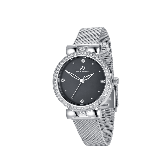 WOMEN'S WATCH WITH STEEL CASE, BLACK DIAL, BEZEL WITH WHITE CRYSTALS