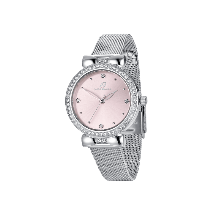 WOMEN'S WATCH WITH STEEL CASE, PINK DIAL, BEZEL WITH WHITE CRYSTALS
