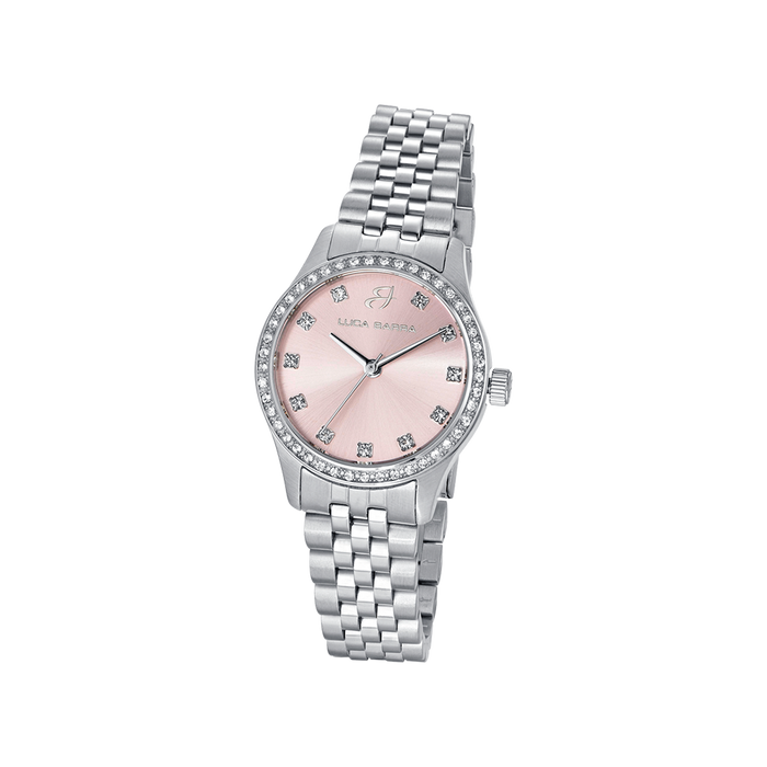 MONTRE FEMME EN ACIER AVEC CADRAN ROSE ET LUNETTE EN CRISTAL BLANC