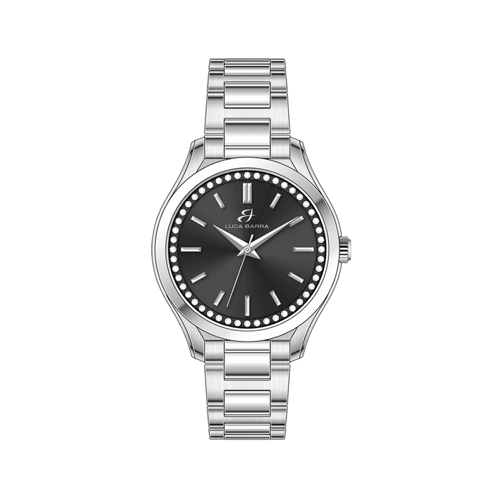MONTRE FEMME EN ACIER AVEC LUNETTE NOIRE ET CRISTAUX BLANCS