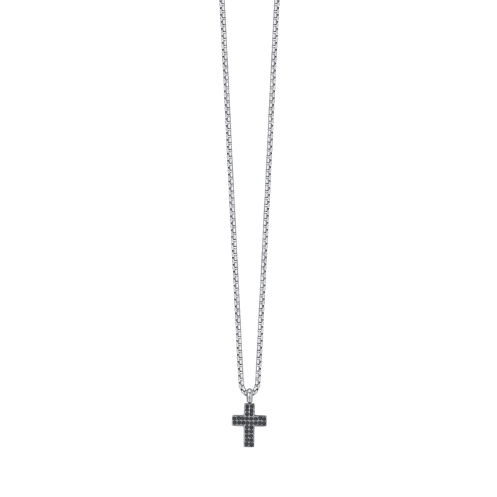 COLLIER HOMME EN ACIER AVEC CROIX ET CRISTAUX NOIRS