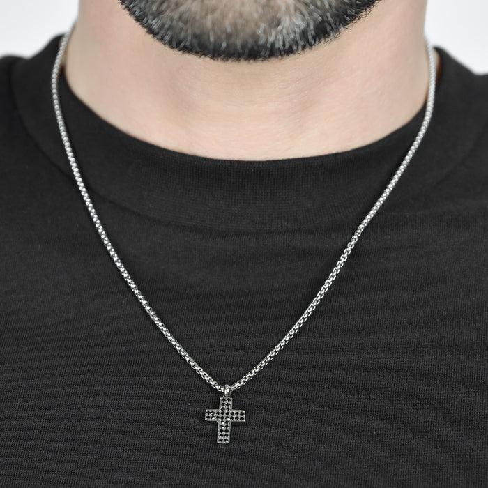 COLLIER HOMME EN ACIER AVEC CROIX ET CRISTAUX NOIRS
