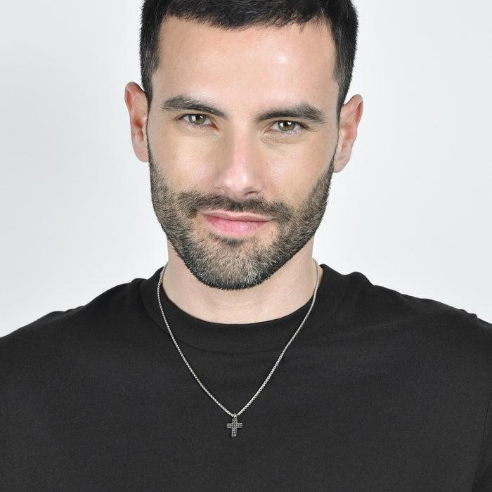 COLLIER HOMME EN ACIER AVEC CROIX ET CRISTAUX NOIRS