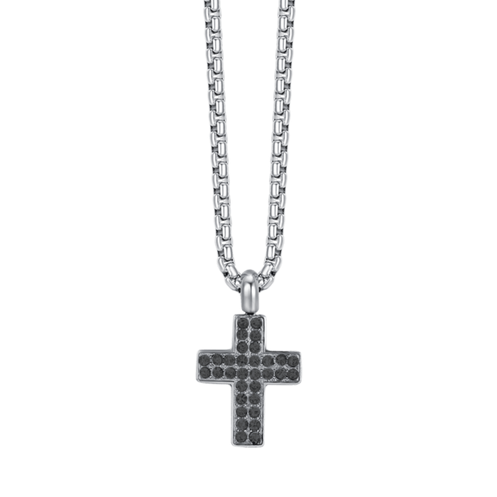 COLLIER HOMME EN ACIER AVEC CROIX ET CRISTAUX NOIRS