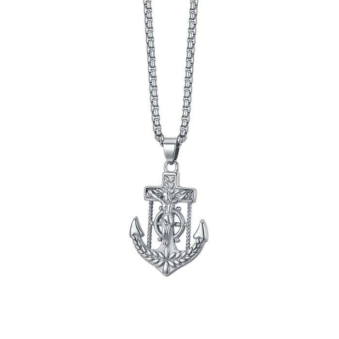 COLLIER EN ACIER POUR HOMME ANCRE AVEC CRUCIFIX