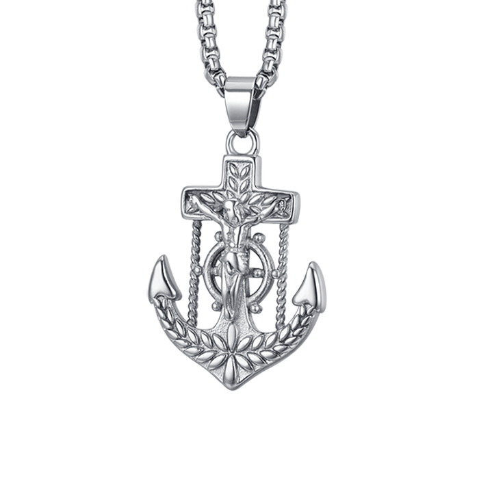 COLLIER EN ACIER POUR HOMME ANCRE AVEC CRUCIFIX
