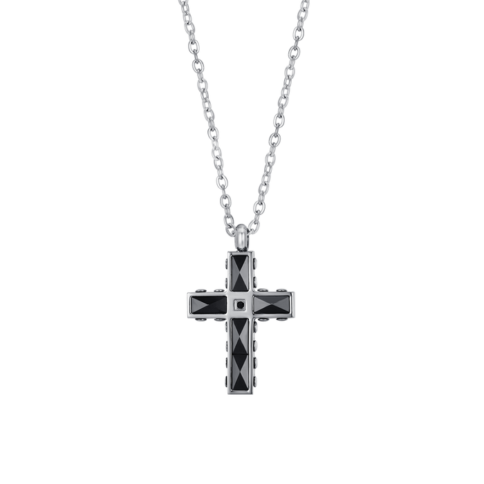 COLLIER HOMME EN ACIER CROIX EN ACIER ET CÉRAMIQUE NOIRE AVEC CRISTAL NOIR