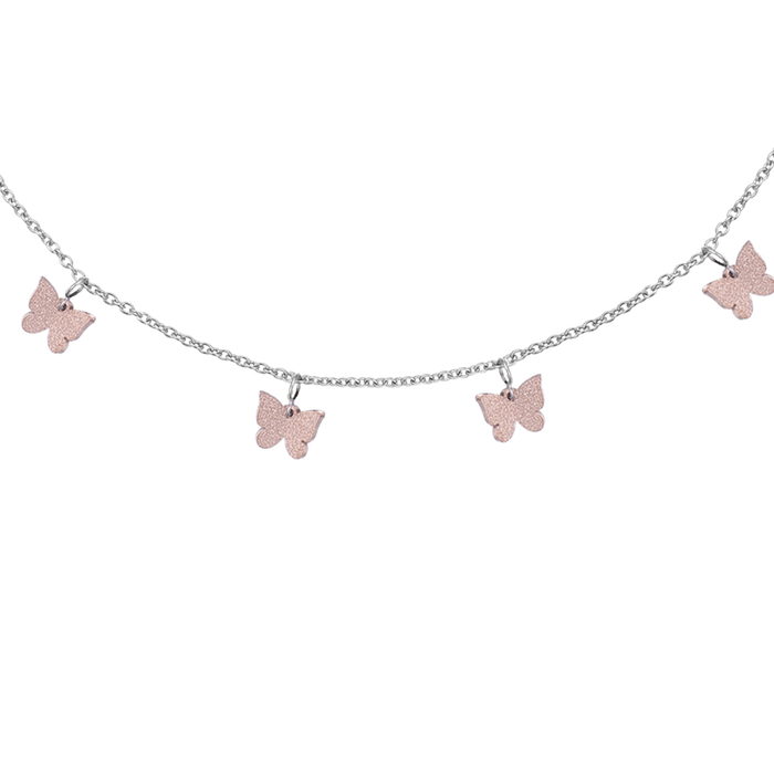 Collier en acier avec papillons et paillettes roses IP