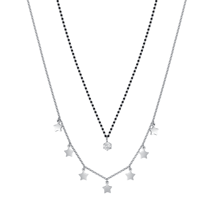 WOMEN'S STEEL NECKLACE WITH STARS, BLACK IP ELEMENTS AND WHITE CRYSTAL