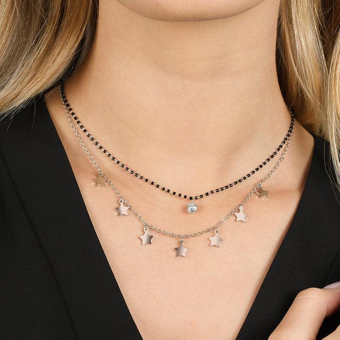 WOMEN'S STEEL NECKLACE WITH STARS, BLACK IP ELEMENTS AND WHITE CRYSTAL