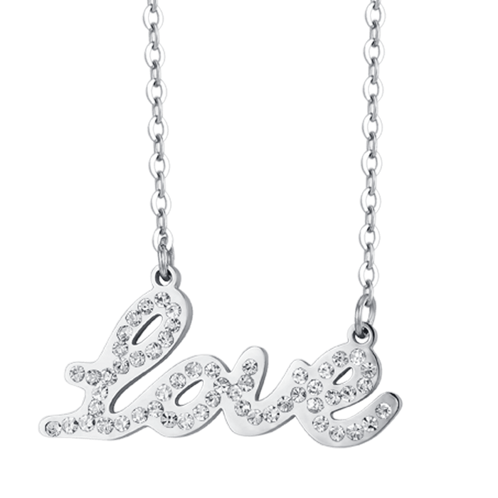 COLLANA DONNA IN ACCIAIO CON SCRITTA LOVE CON CRISTALLI BIANCHI