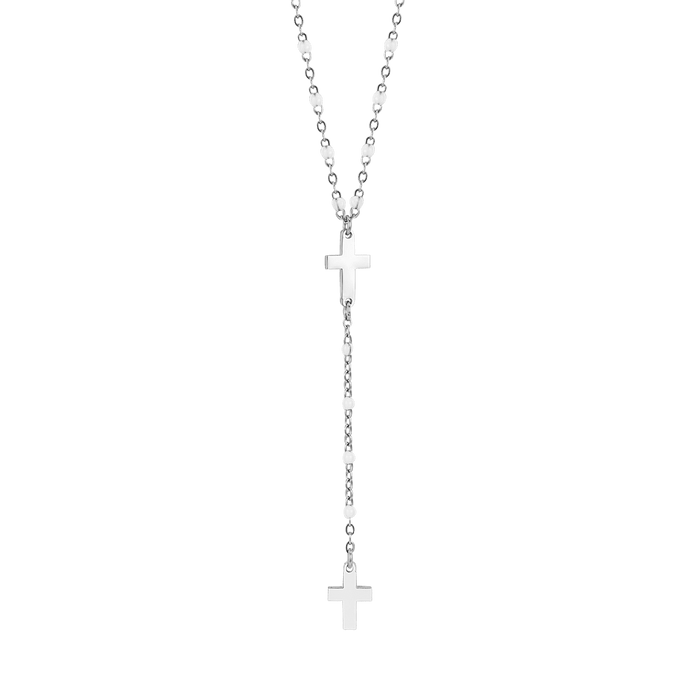 WOMEN'S ROSARY NECKLACE IN STEEL WITH CROSSES AND WHITE ELEMENTS