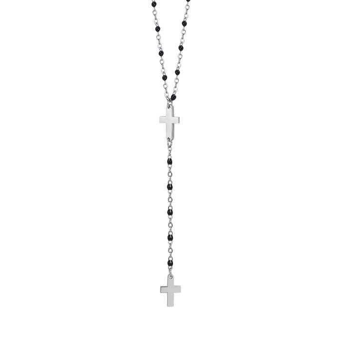 Collier chapelet pour femme en acier avec croix et éléments noirs