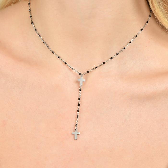 Collier chapelet pour femme en acier avec croix et éléments noirs