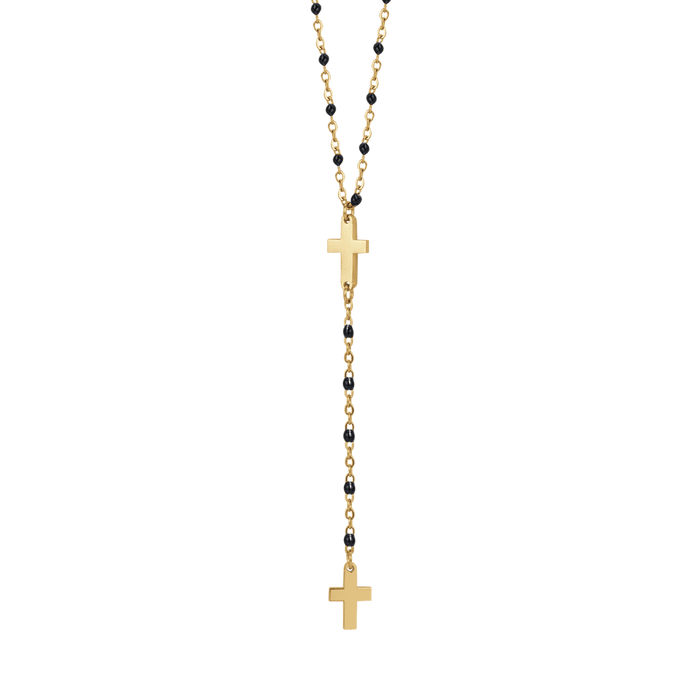 WOMEN'S ROSARY NECKLACE IN STEEL WITH CROSSES AND BLACK ELEMENTS
