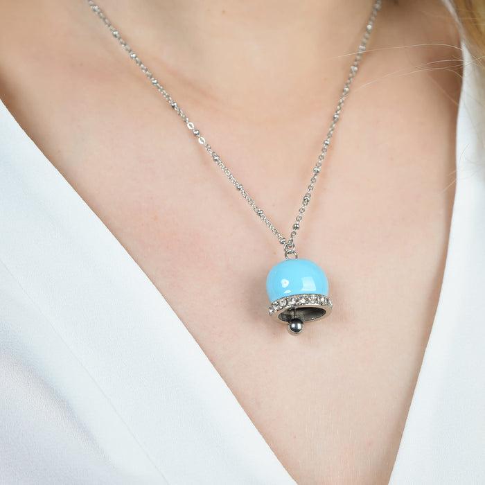 COLLIER FEMME EN ACIER AVEC CLOCHE AVEC ÉMAIL TURQUOISE ET CRISTAUX BLANCS