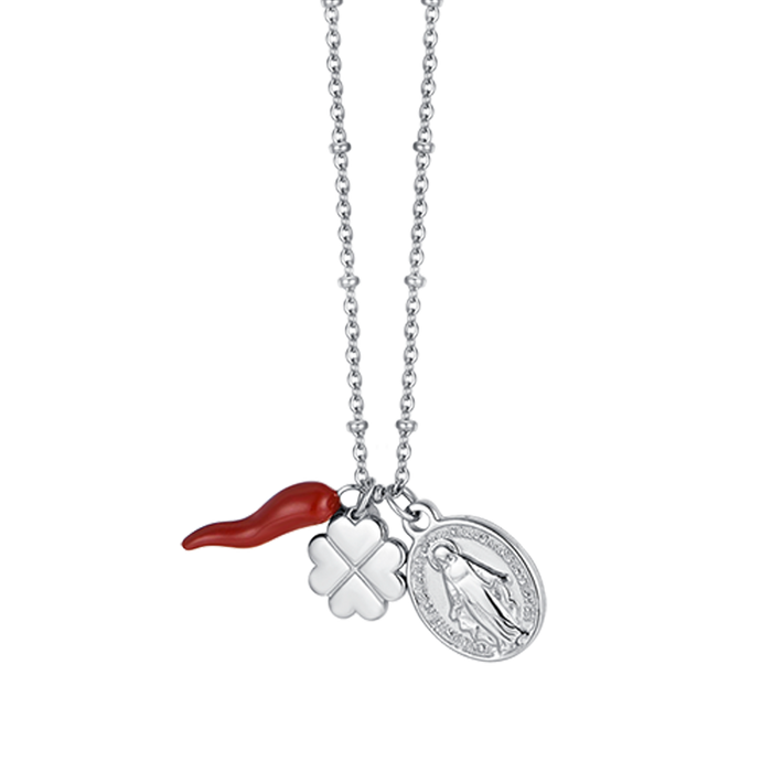 COLLIER EN ACIER POUR FEMME AVEC CHARME TRÈFLE À QUATRE FEUILLES, CORNE ET MADONE