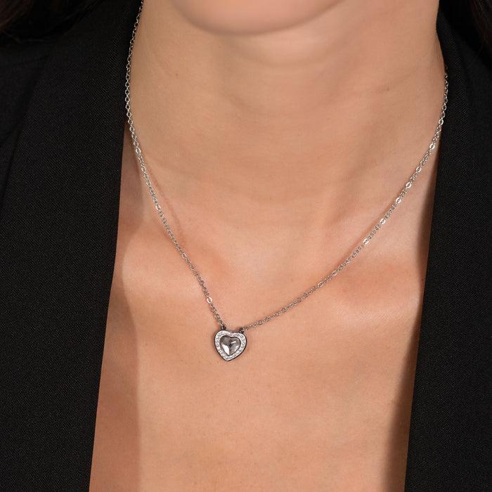 COLLIER FEMME EN ACIER COEUR CRISTAL BLANC ET CRISTAUX BLANCS