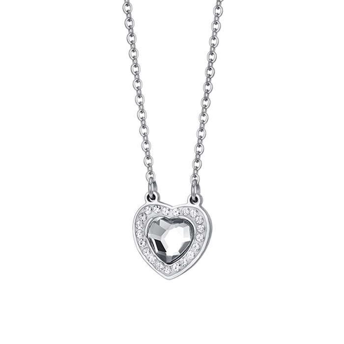 COLLIER FEMME EN ACIER COEUR CRISTAL BLANC ET CRISTAUX BLANCS